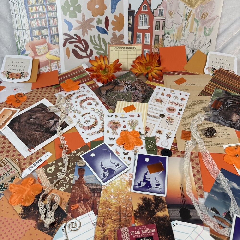 120 + Piece Junk Journal Scrapbook Supply Set Orange Theme Ephemera Mixed Media